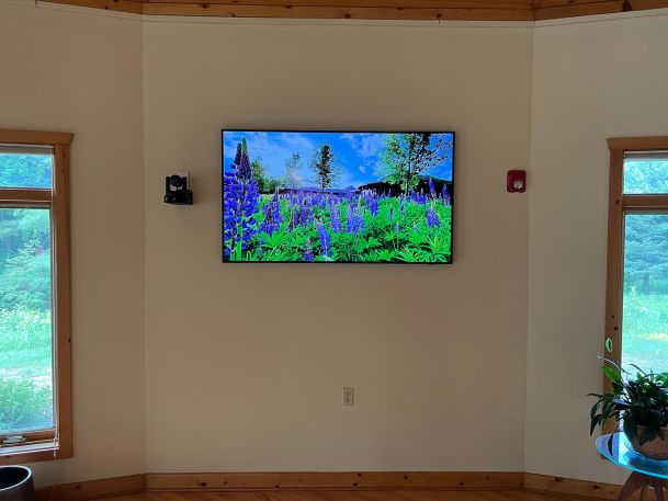 Television displaying a field of purple flowers mounted between two large windows